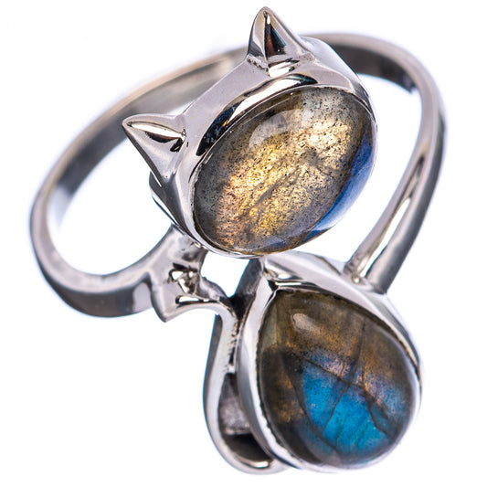 Sterling silver cat ring with oval labradorite cabochons, gold-speckled and blue