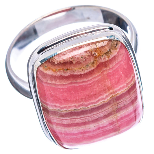 Sterling silver rhodochrosite ring with square pink cabochon, polished bezel