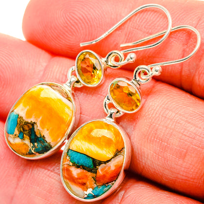 Spiny Oyster Turquoise, Citrine Earrings 1 3/4" (925 Sterling Silver) EARR432052
