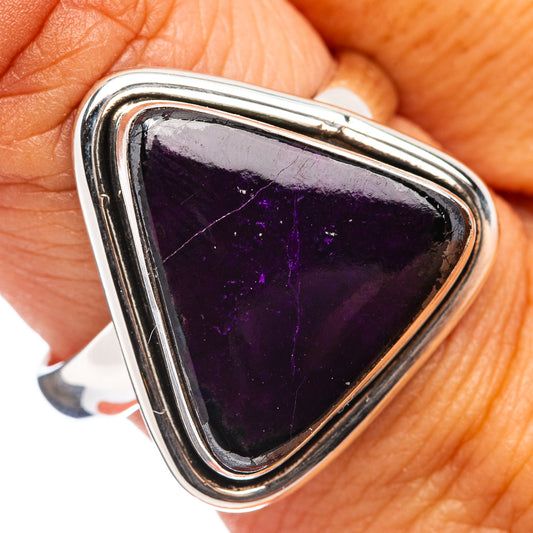 Sterling silver triangle ring with dark purple sugilite cabochon, size 9.75
