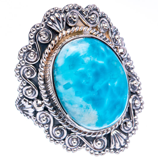 Sterling silver oval Larimar ring with ornate filigree bezel and blue oval gemstone
