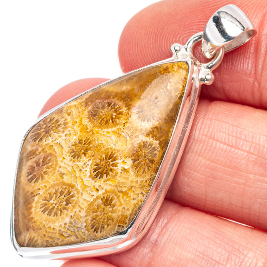 Fossil coral pendant teardrop amber fossil with .925 sterling silver bail and frame