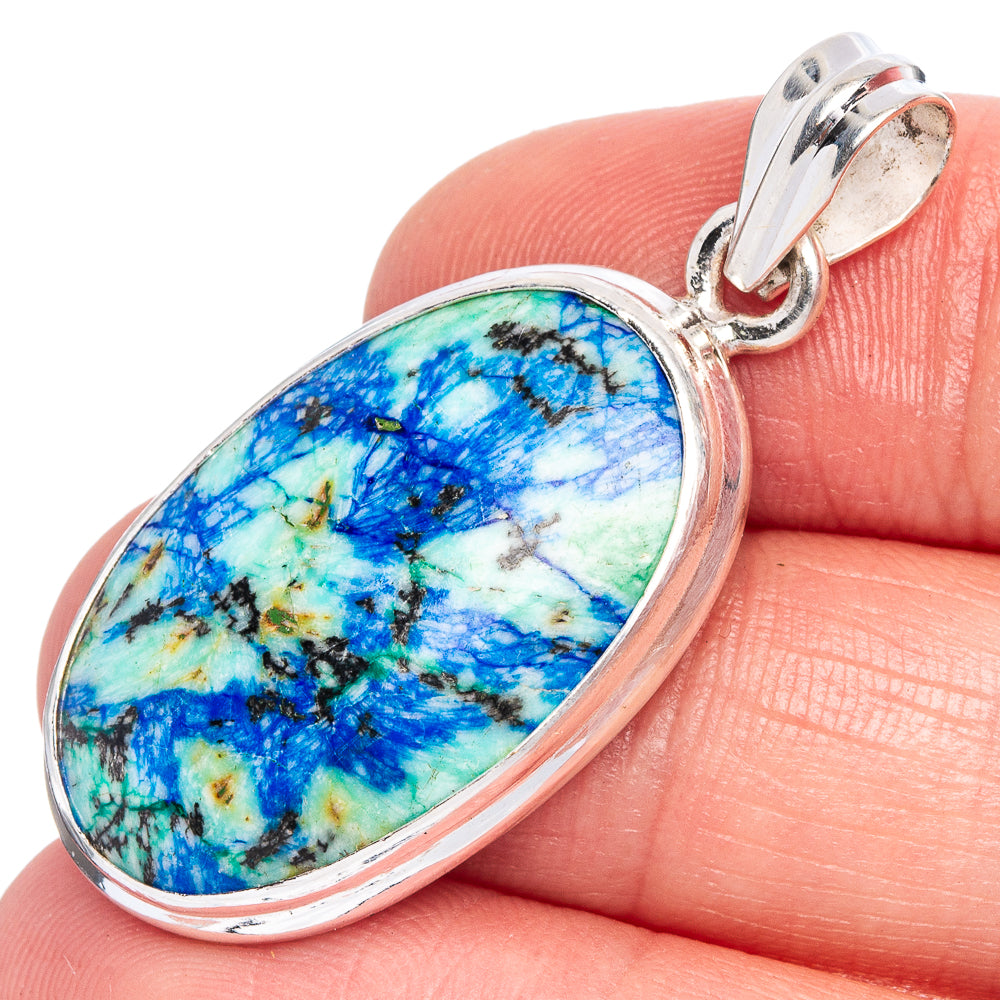 Oval blue-green azurite cabochon pendant in sterling silver, with bail and bezel