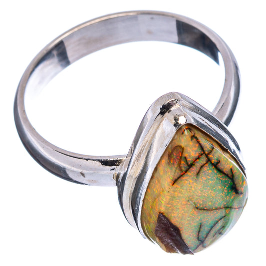 Sterling silver opal ring with cabochon bezel, oval multicolor green and amber