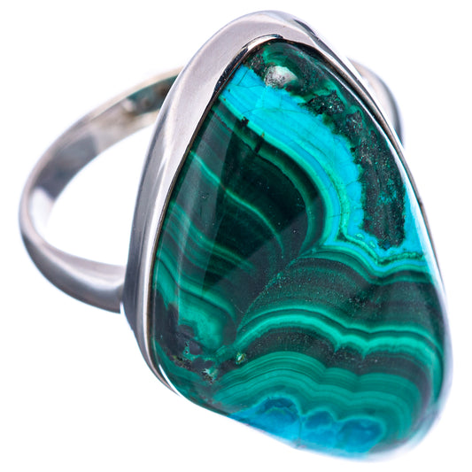 Teardrop oval cabochon ring with green-blue malachite-chrysocolla center, silver band