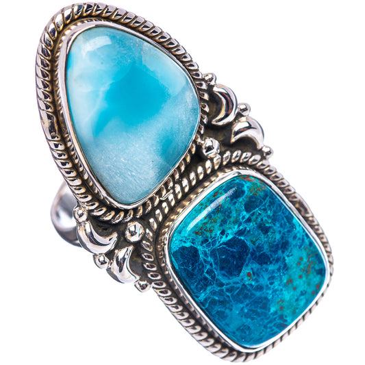 Sterling silver double-stone ring with oval Larimar-blue and Shattuckite-blue cabochons
