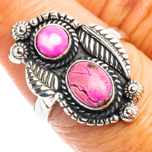 Sterling silver ring with black filigree and two oval pink cabochon stones, size 7