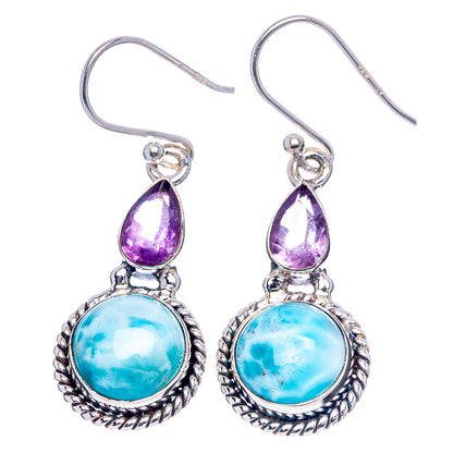 Amethyst and larimar drop earrings with fishhook backs in ornate .925 silver