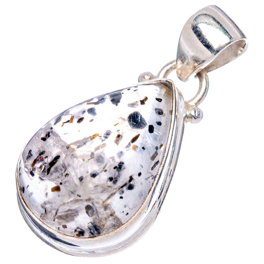 Teardrop sterling silver pendant with clear stone and black speckles; side view with bail