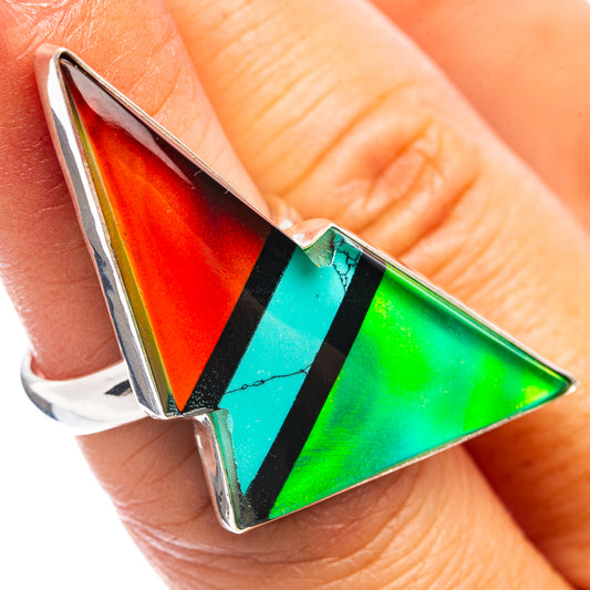 Triangular opal bolt centerpiece ring in sterling silver with red, blue, and green facets.