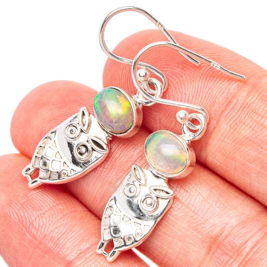 Rare Ethiopian Opal Owl Earrings 1 3/8" (925 Sterling Silver) E1523