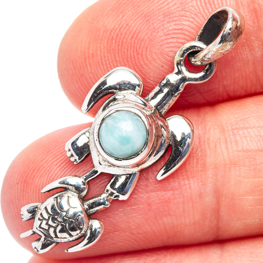 925 sterling silver turtle pendant with round light blue Larimar gemstone