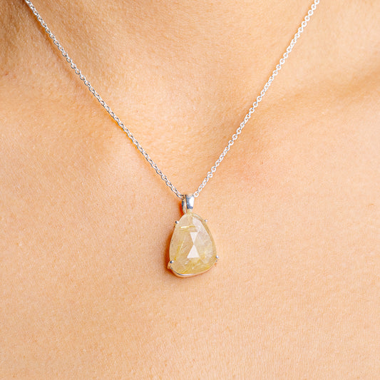 Sterling silver necklace with teardrop yellow rutilated quartz pendant and small bail