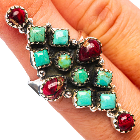Adjustable .925 sterling silver ring with turquoise squares and red round gemstones cluster