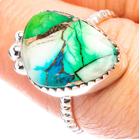Oval turquoise gemstone ring in .925 sterling silver, green and blue stone detail