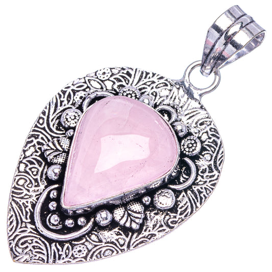 German silver rose quartz teardrop pendant with engraved pattern and hanging bail
