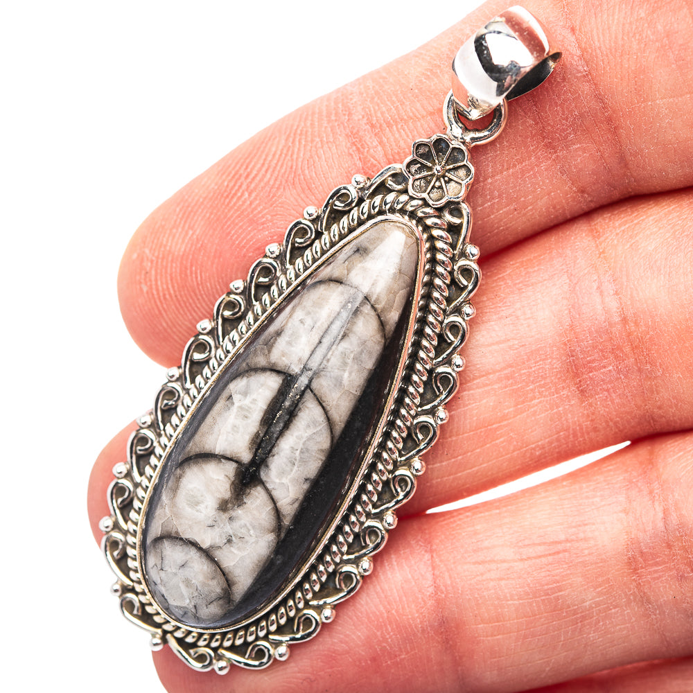 Premium Southwestern Style Orthoceras Fossil Pendant 2 1/4" (.925 Sterling Silver)