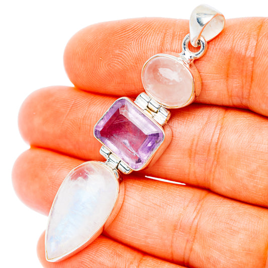 Premium Multi-Gem Rainbow Moonstone, Amethyst, Rose Quartz Pendant 2 3/8" (.925 Sterling Silver)