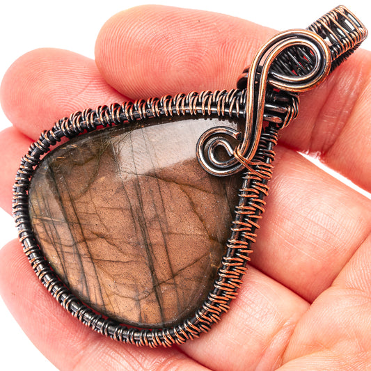 Labradorite wire-wrap pendant, teardrop stone with oxidized copper wire bail