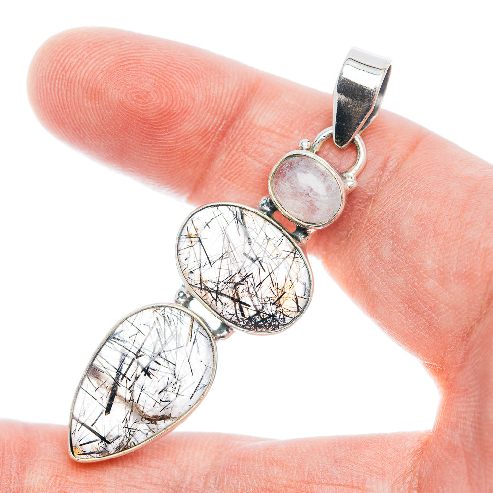 Premium Tourmalinated Quartz, Rainbow Moonstone Pendant 2 3/8" (.925 Sterling Silver)