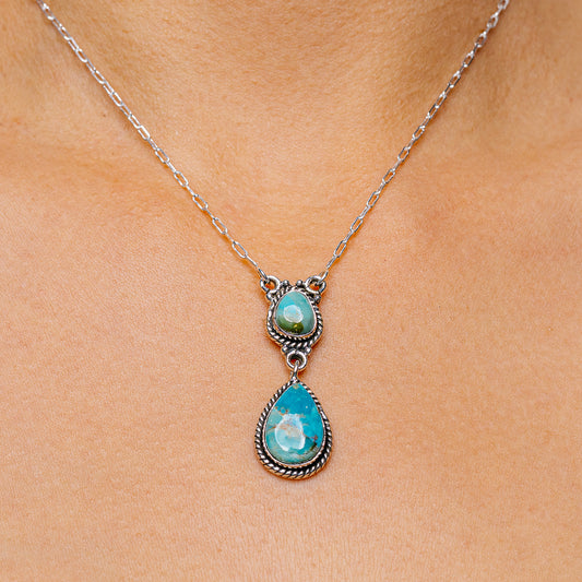 Turquoise teardrop pendant necklace, .925 sterling silver with blue-green stones
