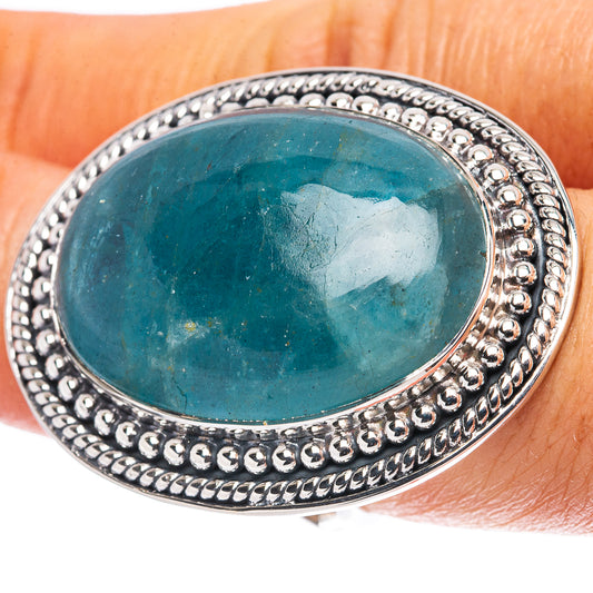Oval aquamarine cabochon sterling silver ring, beaded border, size 7