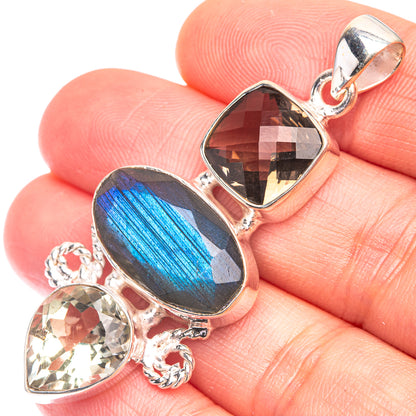 Labradorite, White Quartz, Smoky Quartz Pendant 2 1/8" (925 Sterling Silver) P38686
