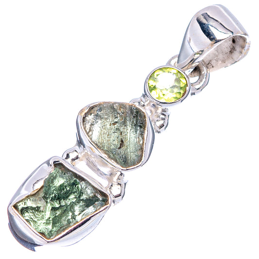 Sterling silver moldavite and peridot pendant with round green peridot and rough stones