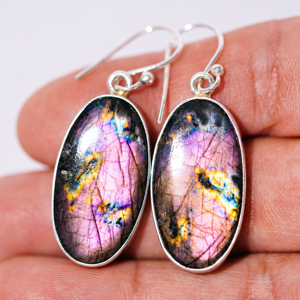 Premium Spectrolite Earrings 1 3/4" (.925 Sterling Silver)