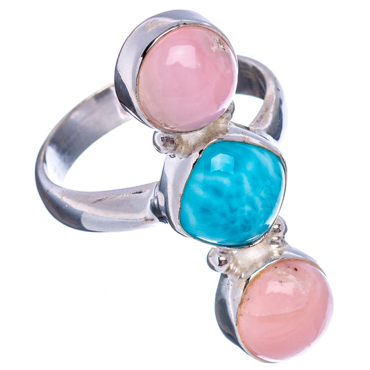 Sterling silver ring with three cabochon stones: pink, blue, pink