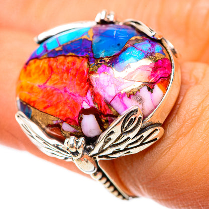 Sterling silver ring with oval multicolor gemstone and leaf engraving