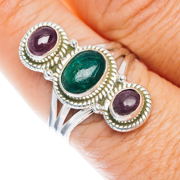Zambian Emerald, Burmese Ruby Ring Size 9 (.925 Sterling Silver)