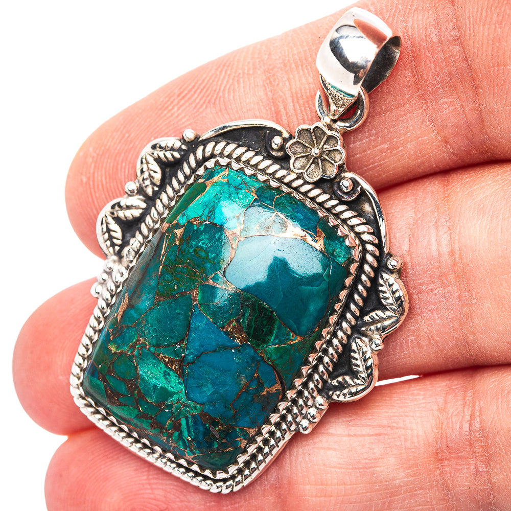 Premium Southwestern Style Copper Chrysocolla Pendant 1 3/4" (.925 Sterling Silver)