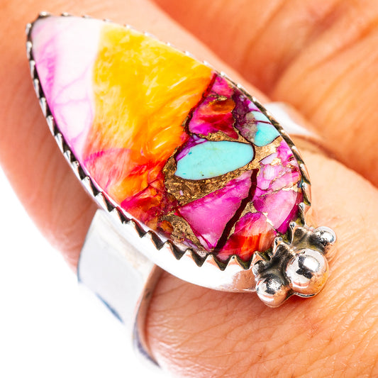 Sterling silver adjustable ring with colorful teardrop mosaic stone