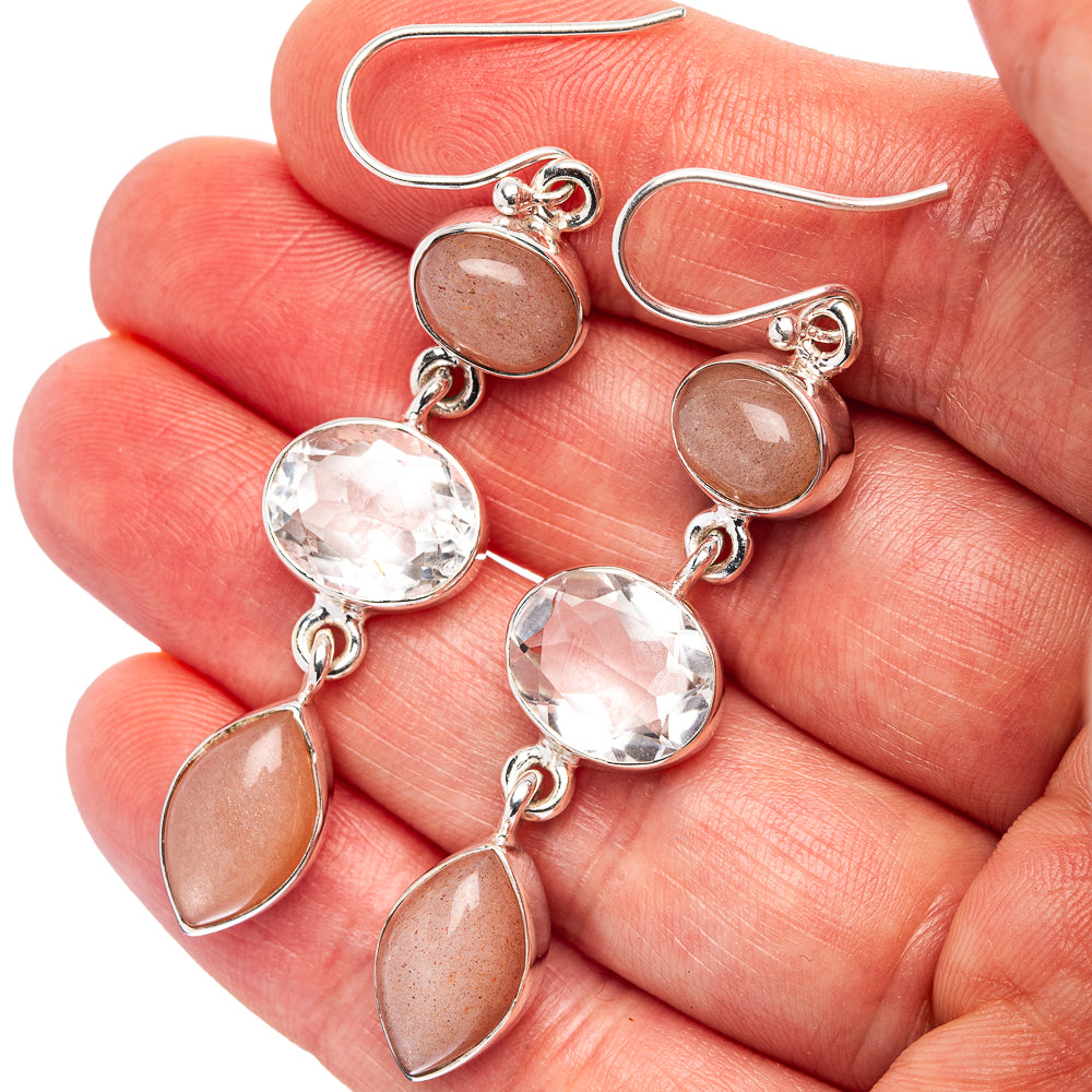 Premium White Quartz, Peach Moonstone Earrings 2 1/4" (.925 Sterling Silver)