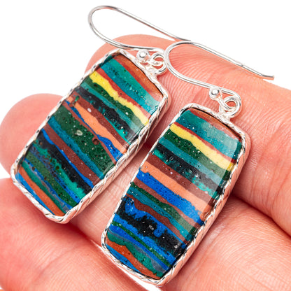 Rainbow calsilica rectangular earrings in sterling silver with striped multicolor stone