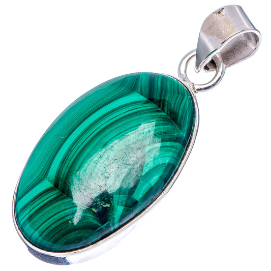 Oval malachite pendant with green stone and .925 sterling silver bezel and loop