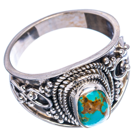Ornate sterling silver ring with oval turquoise stone bezel, wide band, Size 5.75