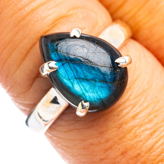 Sterling silver labradorite ring with blue teardrop gemstone and three-prong setting