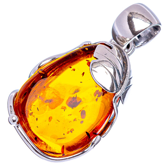 Amber leaf pendant in .925 sterling silver with oval yellow-orange baltic amber cabochon