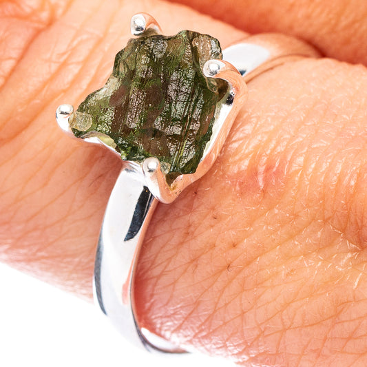 Sterling silver moldavite ring, size 9.5, rough green stone prong setting