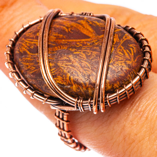 Oxidized copper wire-wrapped ring with oval orange-brown jasper stone, size 7.5
