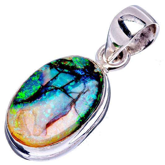 Sterling silver opal pendant with oval bezel and bail, multicolor green-blue iridescent opal