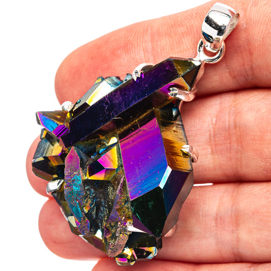 Iridescent druzy crystal pendant with dark purple facets and .925 sterling silver frame