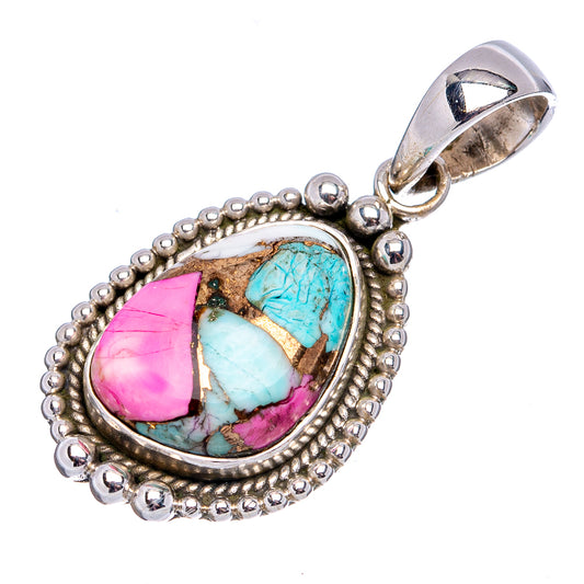 Sterling silver pendant with oval turquoise and pink stone, beaded frame
