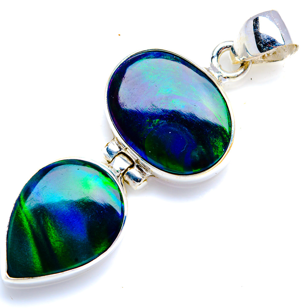 Sterling silver opal pendant pair with oval iridescent green-blue stones and bails