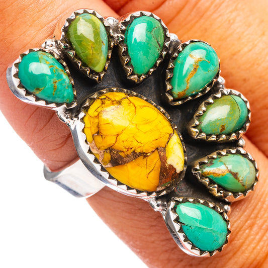 Sterling silver statement ring with oval yellow stone and turquoise cabochons