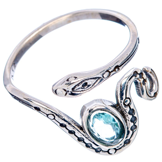 Sterling silver snake ring with oval blue gemstone bezel, curved open shank