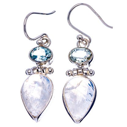 Rainbow Moonstone Heart, Blue Topaz Earrings 1 5/8" (.925 Sterling Silver)