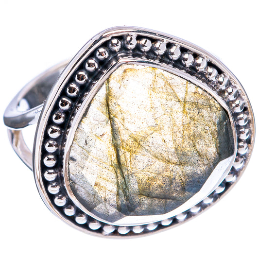 Oval labradorite ring in .925 sterling silver, gold shimmer stone with beaded bezel